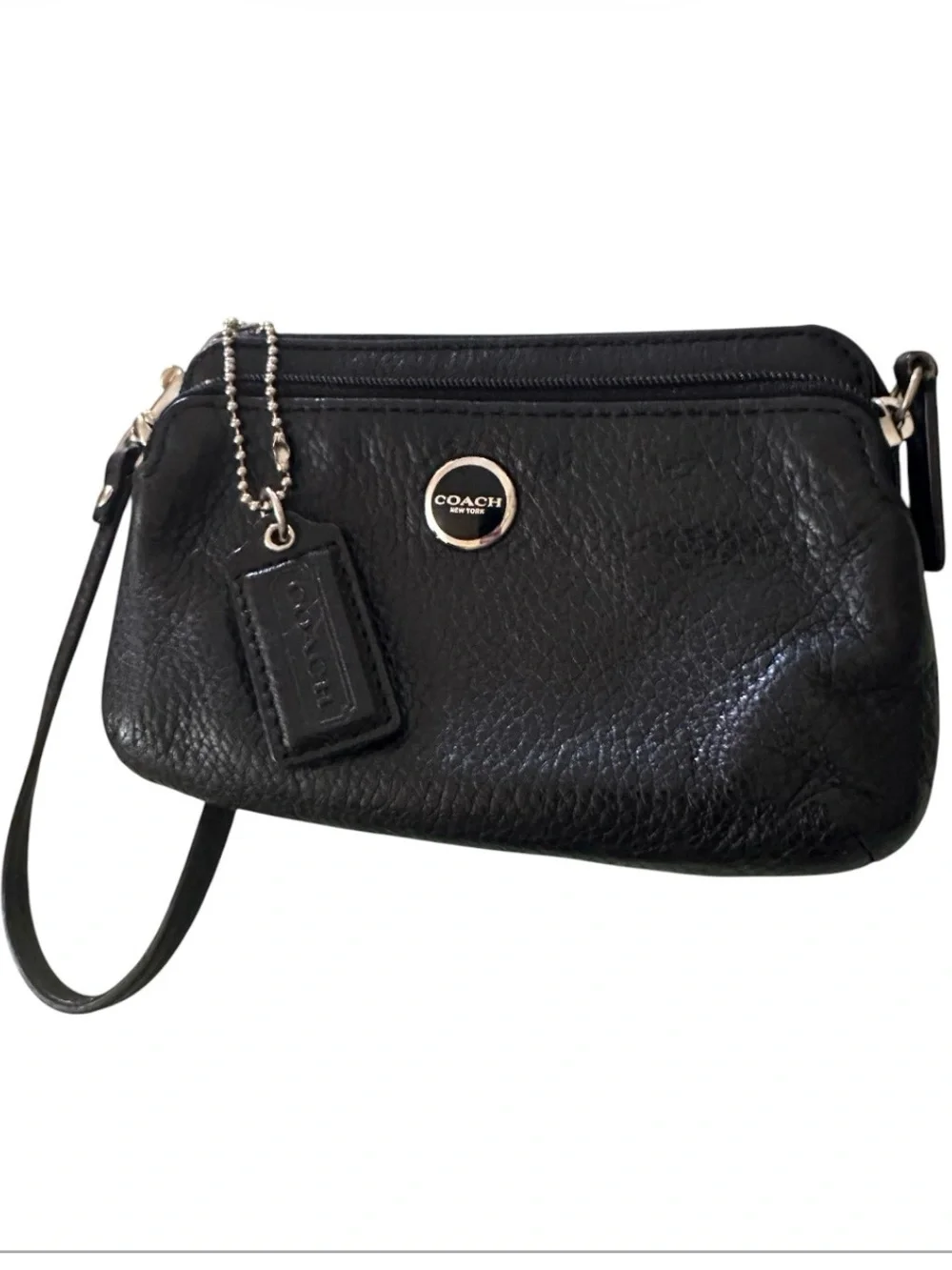 COACH Black Pebbled Leather Double Zipper Wristlet, Logo Disc, Ice Blue Lining